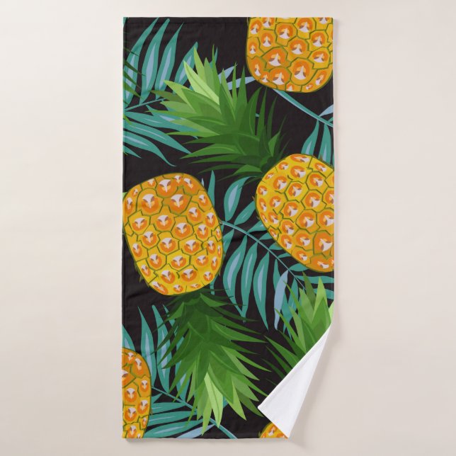 Pineapple seamless pattern with palm leaves on bla bath towel (Bath Towel)