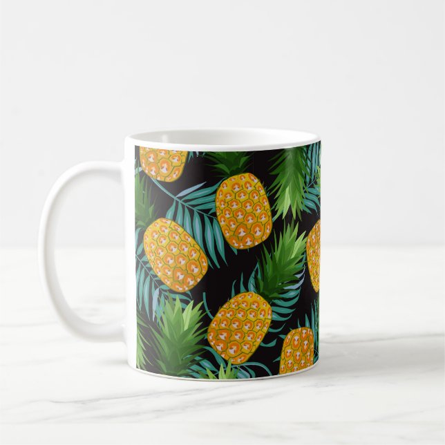 Pineapple seamless pattern with palm leaves on bla coffee mug (Left)