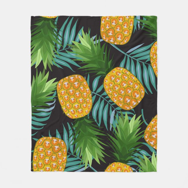 Pineapple seamless pattern with palm leaves on bla fleece blanket (Front)