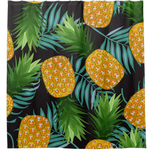 Pineapple seamless pattern with palm leaves on bla shower curtain (Front)