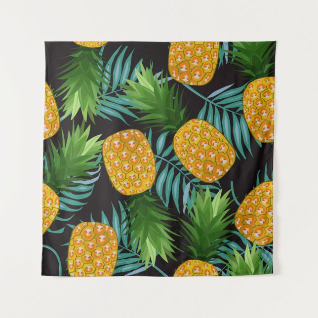 Pineapple seamless pattern with palm leaves on bla tapestry (Front)