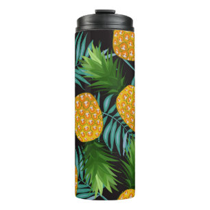 Pineapple seamless pattern with palm leaves on bla thermal tumbler