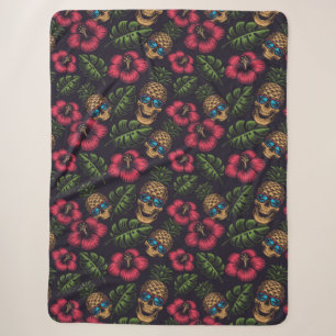 Pineapple Skulls. Hibiscus and Tropical Leaves Sherpa Blanket