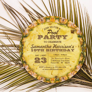 Pineapple Summer Pool Party Birthday Invitations