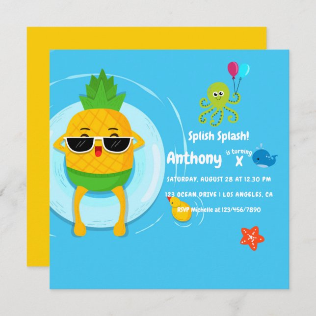 Pineapple Summer Splish Splash Kids Birthday Party Invitation (Front/Back)