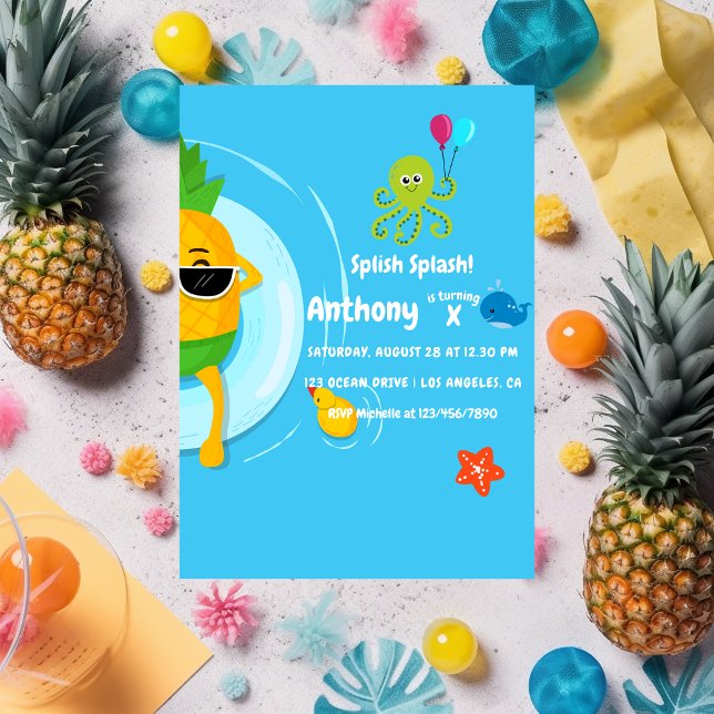 Pineapple Summer Splish Splash Kids Birthday Party Invitation (Creator Uploaded)