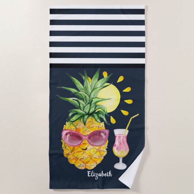  Pineapple Sun Cocktail Navy Blue Striped  Beach Towel (Front)