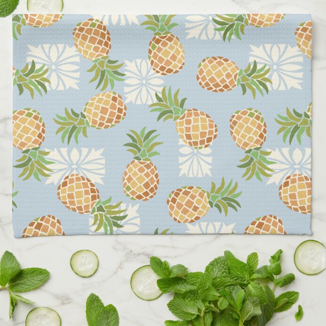Pineapple Toss Soft Blue Tea Towel (Folded)