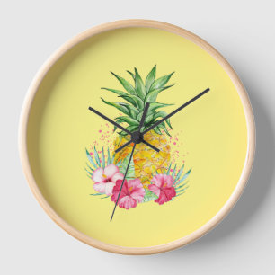 Pineapple Tropical Aloha Hawaii Summer Yellow Clock