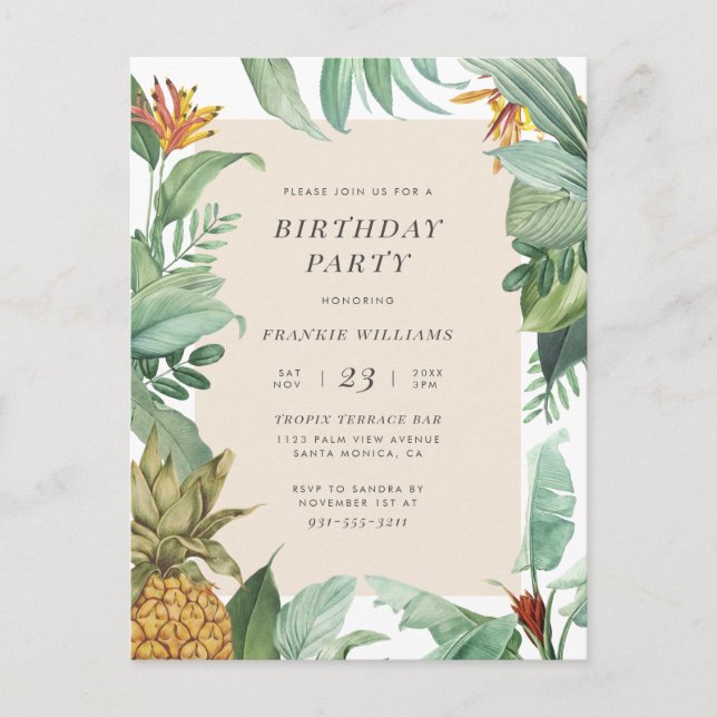 Pineapple Tropical Botanical Summer Birthday Party Invitation Postcard (Front)
