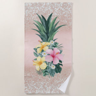 Pineapple Tropical Flowers Glitter Bokeh Beach Towel