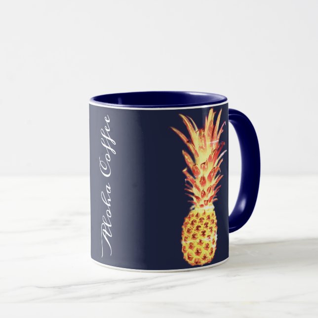 Pineapple Tropical Navy Blue Aloha Coffee Mug (Front Right)