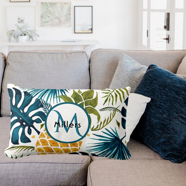 Pineapple tropical palm leaves  monogram lumbar cushion (Creator Uploaded)