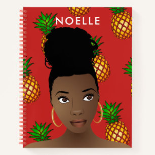 Pineapple Tropical Print Top Knot Red Notebook