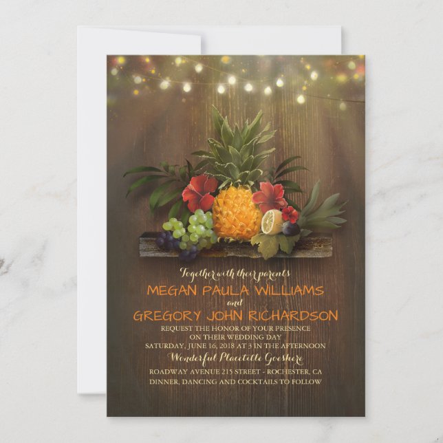 Pineapple Tropical String Lights Beach Wedding Invitation (Front)