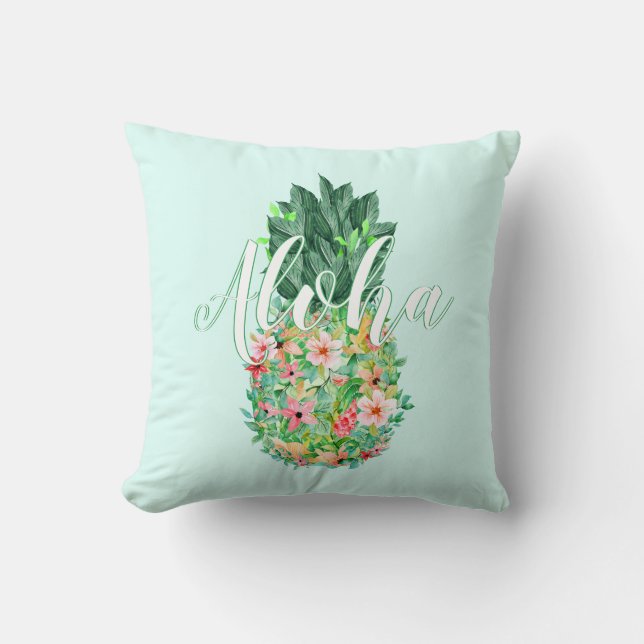 Pineapple Tropical Watercolor Flowers Aloha Cushion (Front)