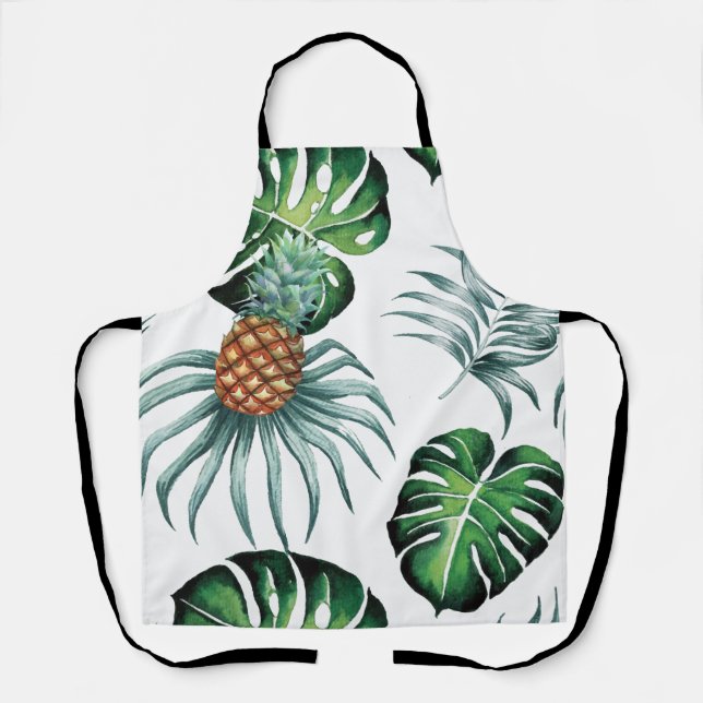 Pineapple Tropical Watercolor Jungle Palm Pattern Apron (Front)