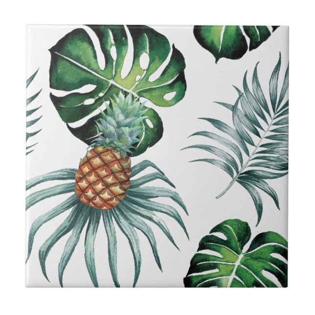 Pineapple Tropical Watercolor Jungle Palm Pattern Ceramic Tile (Front)
