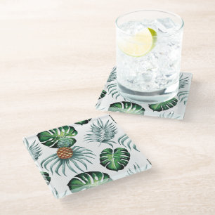 Pineapple Tropical Watercolor Jungle Palm Pattern Glass Coaster