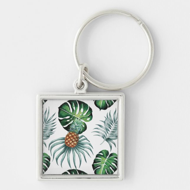 Pineapple Tropical Watercolor Jungle Palm Pattern Key Ring (Front)