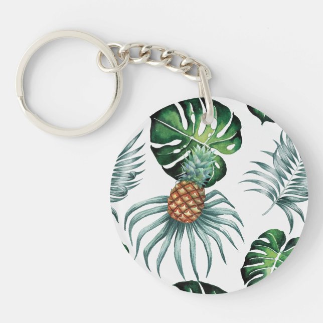Pineapple Tropical Watercolor Jungle Palm Pattern Key Ring (Front)