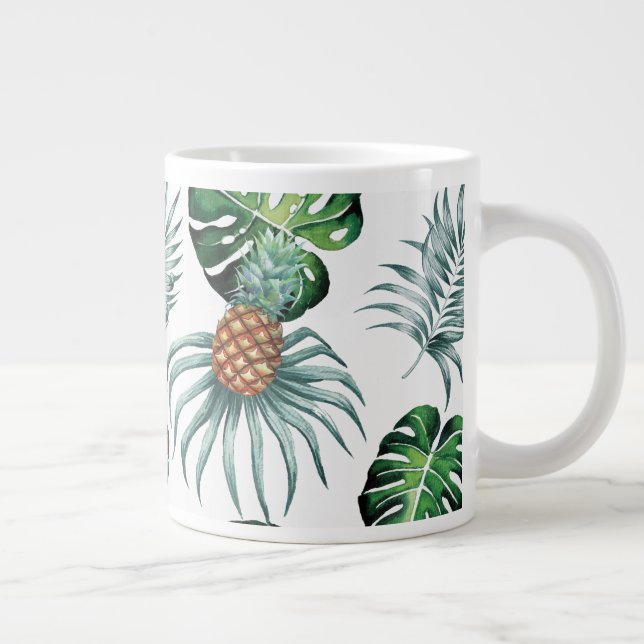 Pineapple Tropical Watercolor Jungle Palm Pattern Large Coffee Mug (Right)