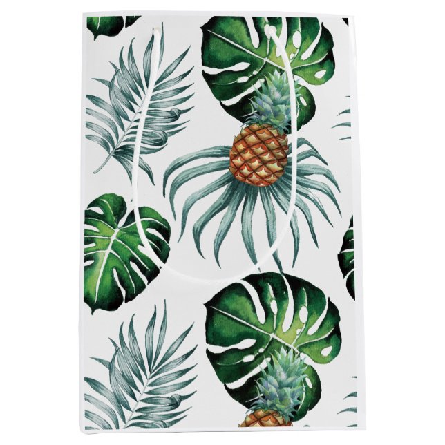 Pineapple Tropical Watercolor Jungle Palm Pattern Medium Gift Bag (Front)