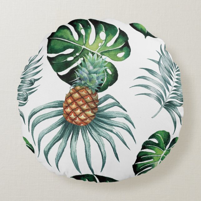 Pineapple Tropical Watercolor Jungle Palm Pattern Round Cushion (Front)