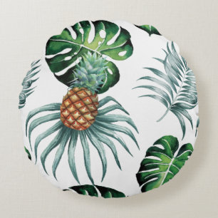Pineapple Tropical Watercolor Jungle Palm Pattern Round Cushion