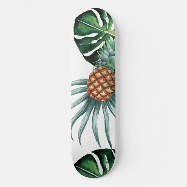 Pineapple Tropical Watercolor Jungle Palm Pattern Skateboard (Front)