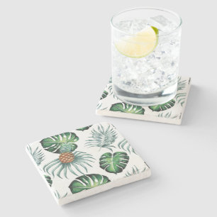 Pineapple Tropical Watercolor Jungle Palm Pattern Stone Coaster