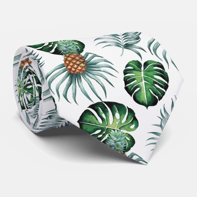 Pineapple Tropical Watercolor Jungle Palm Pattern Tie (Rolled)