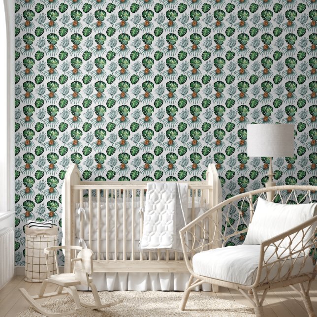 Pineapple Tropical Watercolor Jungle Palm Pattern Wallpaper (Kids)
