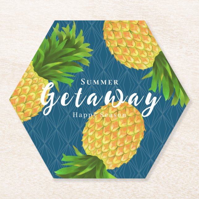 Pineapple Turquoise Blue Paper Coaster (Front)