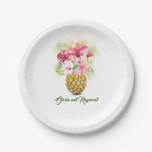 Pineapple Vase Tropical Floral Beach Wedding Paper Plate