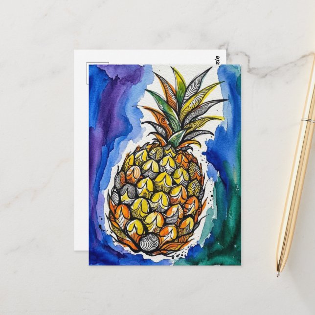 Pineapple Watercolor Doodle Postcard (Front/Back In Situ)