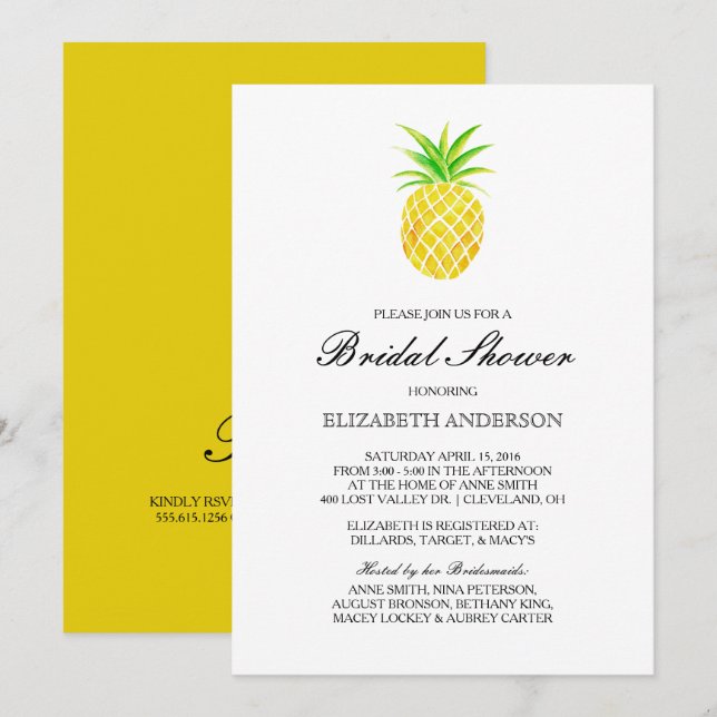 Pineapple Watercolor Tropical Bridal Shower Invitation (Front/Back)