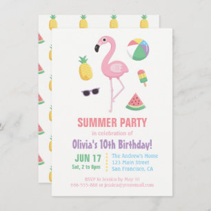 Pineapple Watermelon Flamingo Kids Birthday Party Invitation
