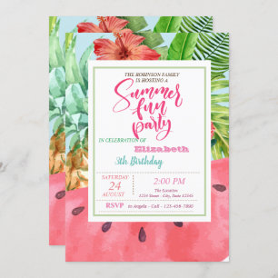 Pineapple,Watermelon Palm Leaf Summer Birthday Invitation