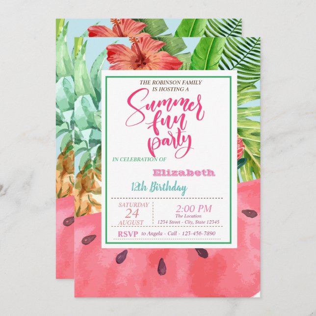 Pineapple, Watermelon, Palm Leaves Summer Birthday Invitation (Front/Back)