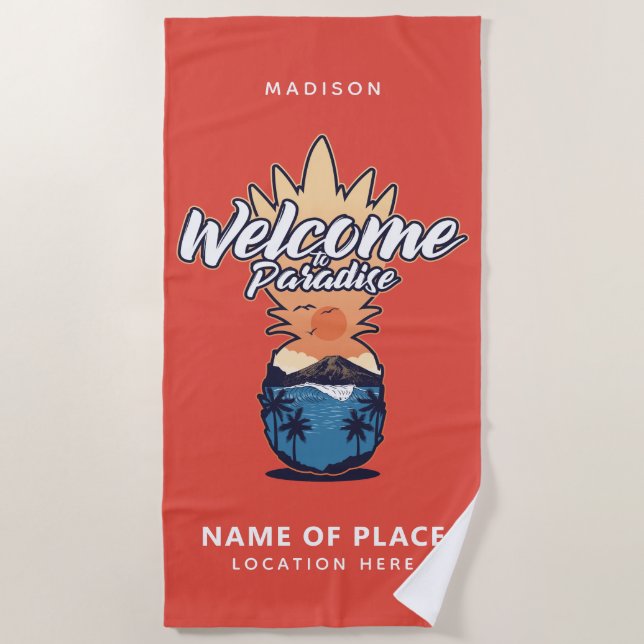 Pineapple Welcome custom text & colour beach towel (Front)