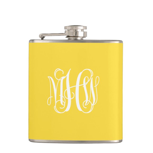Pineapple White 3 Initials Vine Script Monogram Hip Flask (Front)