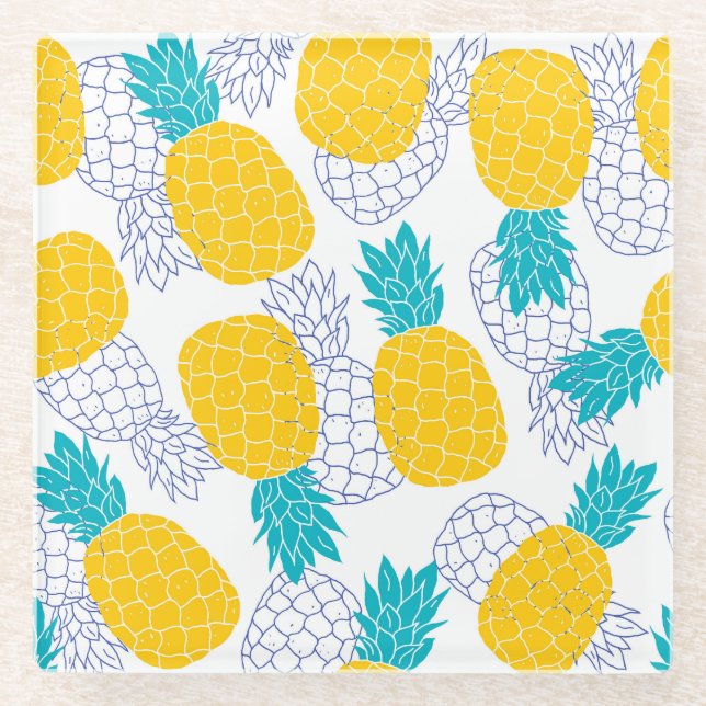 Pineapple white background, seamless pattern. glass coaster (Front)