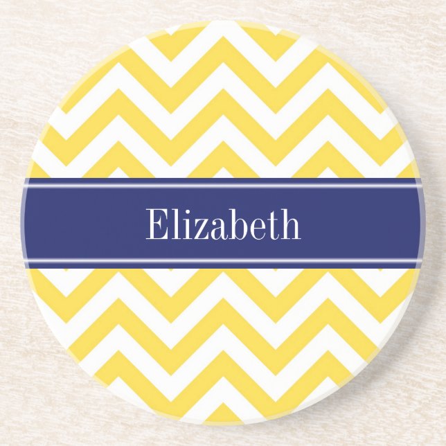 Pineapple White LG Chevron Navy Blue Name Monogram Coaster (Front)