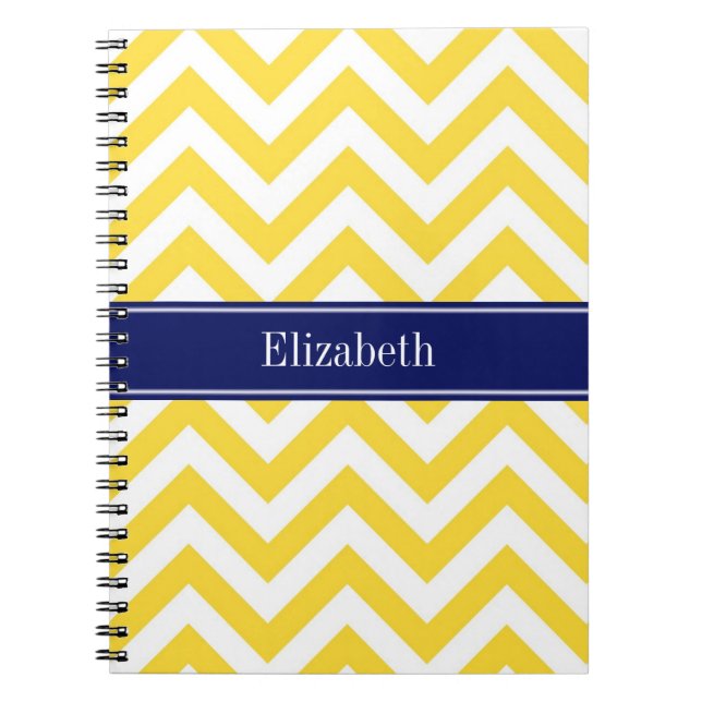 Pineapple White LG Chevron Navy Blue Name Monogram Notebook (Front)