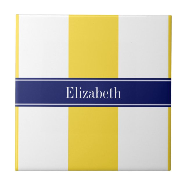 Pineapple White XL Stripes, Navy 5c Name Monogram Ceramic Tile (Front)