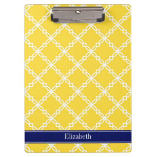 Pineapple Wht Fancy Quatrefoil Navy Name Monogram Clipboard