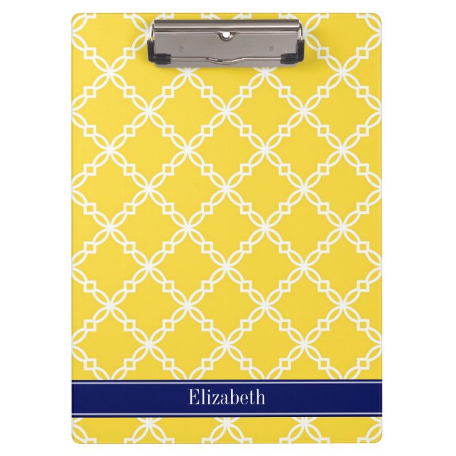 Pineapple Wht Fancy Quatrefoil Navy Name Monogram Clipboard (Front)