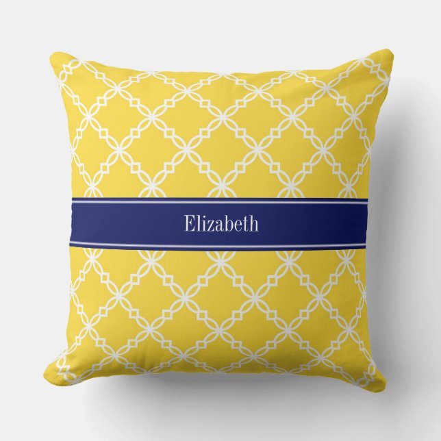 Pineapple Wht Fancy Quatrefoil Navy Name Monogram Cushion (Front)