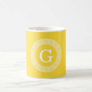 Pineapple Wht Greek Key Rnd Frame Initial Monogram Coffee Mug
